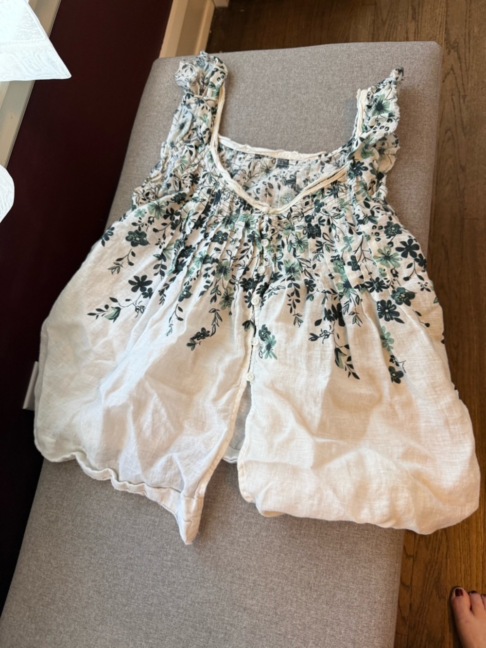 Anthropologie White Linen Tank with Smocked Neckline